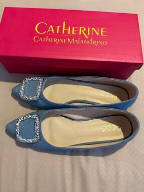 Catherine Malandrino Light Blue Pointed Toe Flats with Crystal Square Buckle
